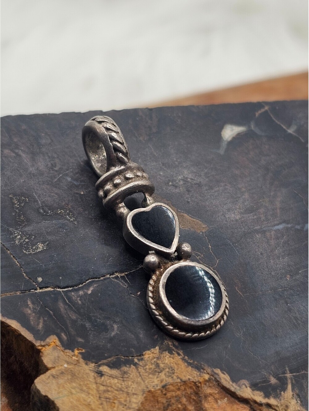 925 Silver Black Onyx Heart Round Drop Pendant